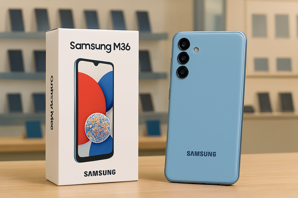Samsung Galaxy A17 5G smartphone and retail box placed on a rustic wooden surface with natural greenery background showcasing the mobile’s sleek design and packaging for mid-range 5G buyers in India.