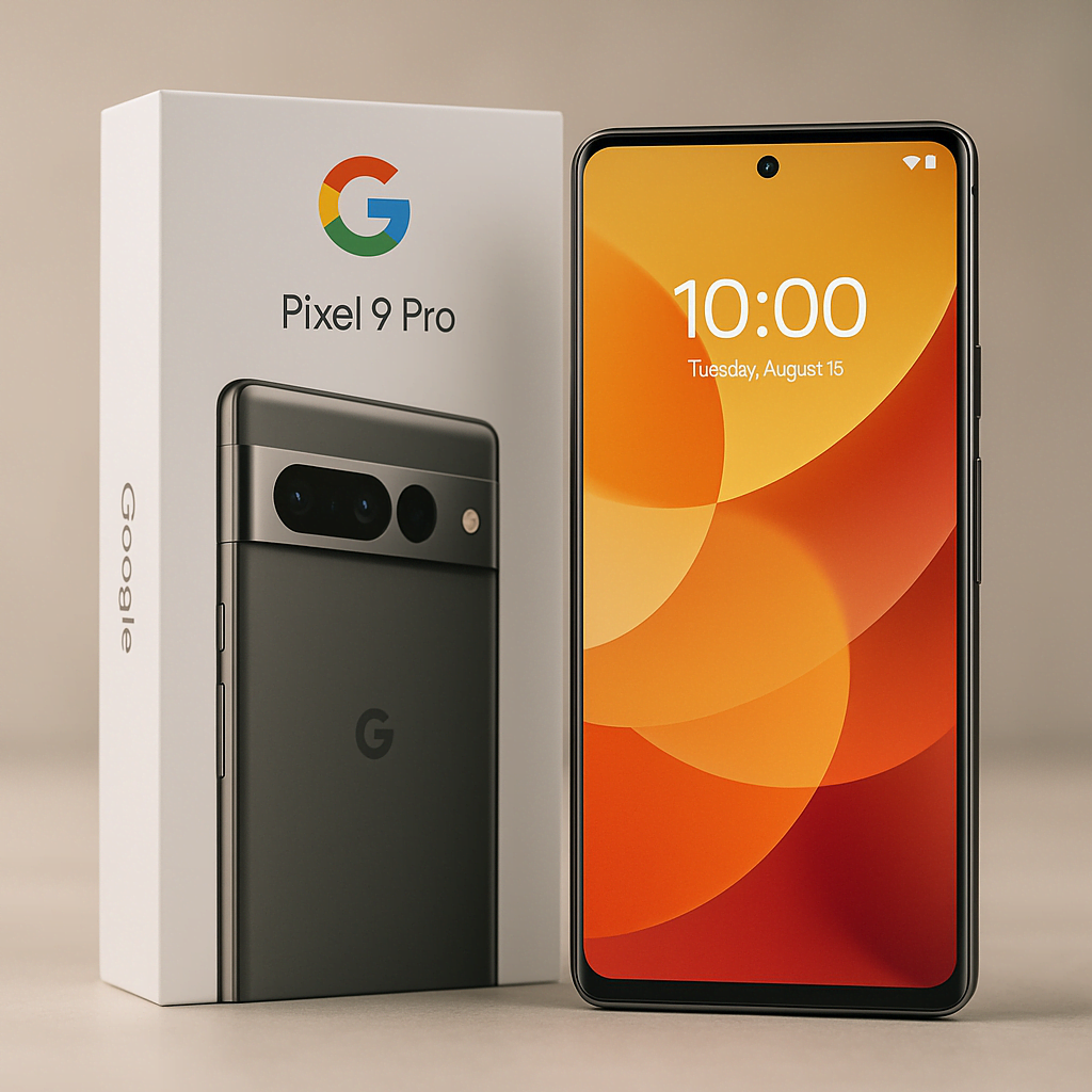 Google Pixel 9 Pro device with box and display turned on.
