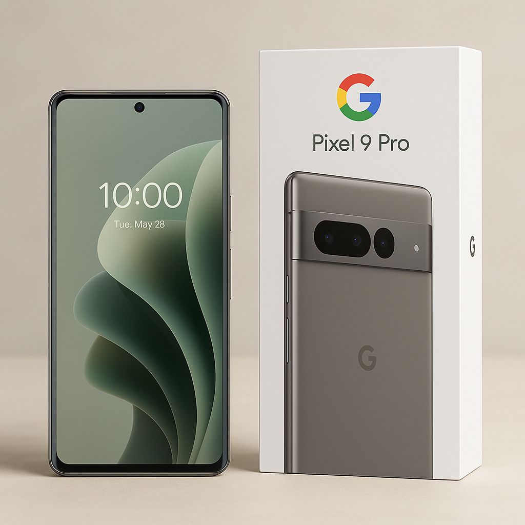 Realistic digital image of a Google Pixel 9 Pro smartphone displayed alongside its retail box. The phone has a sleek metallic design with a large edge-to-edge screen, minimal bezels, and a premium finish. The retail box features Pixel branding and modern graphics, set against a clean, softly blurred background for an attractive presentation.