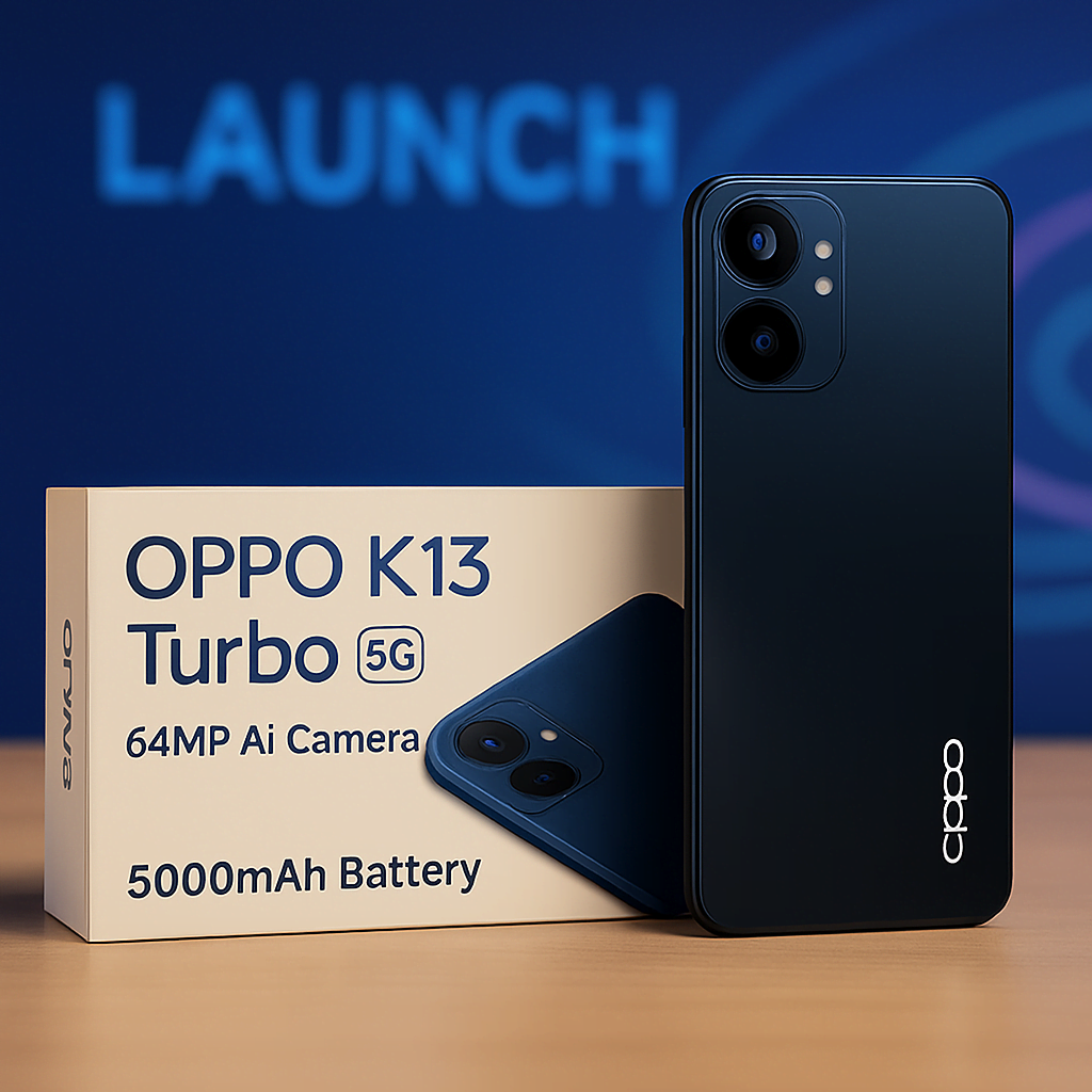 Oppo K13 Turbo 5G Pro smartphone in Midnight Maverick color standing upright beside a horizontally placed beige box on a wooden surface. The box features the model name, camera specs, and 5000mAh battery details. The backdrop includes blurred “LAUNCH” text and neon light trails in blue and pink.