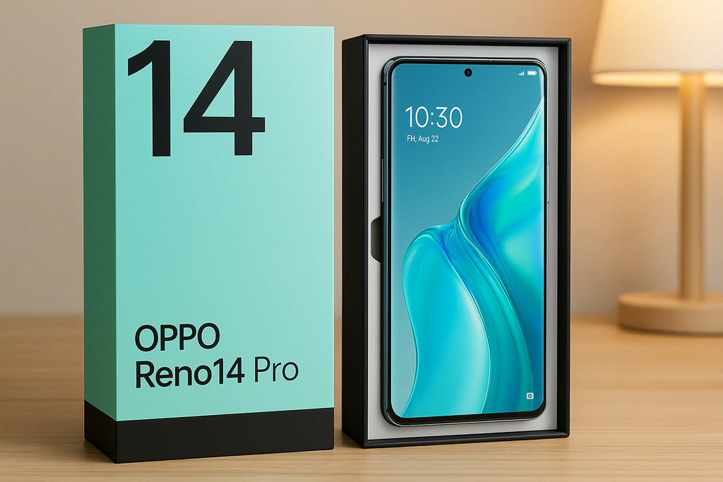 Oppo Reno14 and Reno14 Pro smartphones displayed in a sleek, modern setting with a realistic background, highlighting their premium design and vivid screens for a blog featured image.