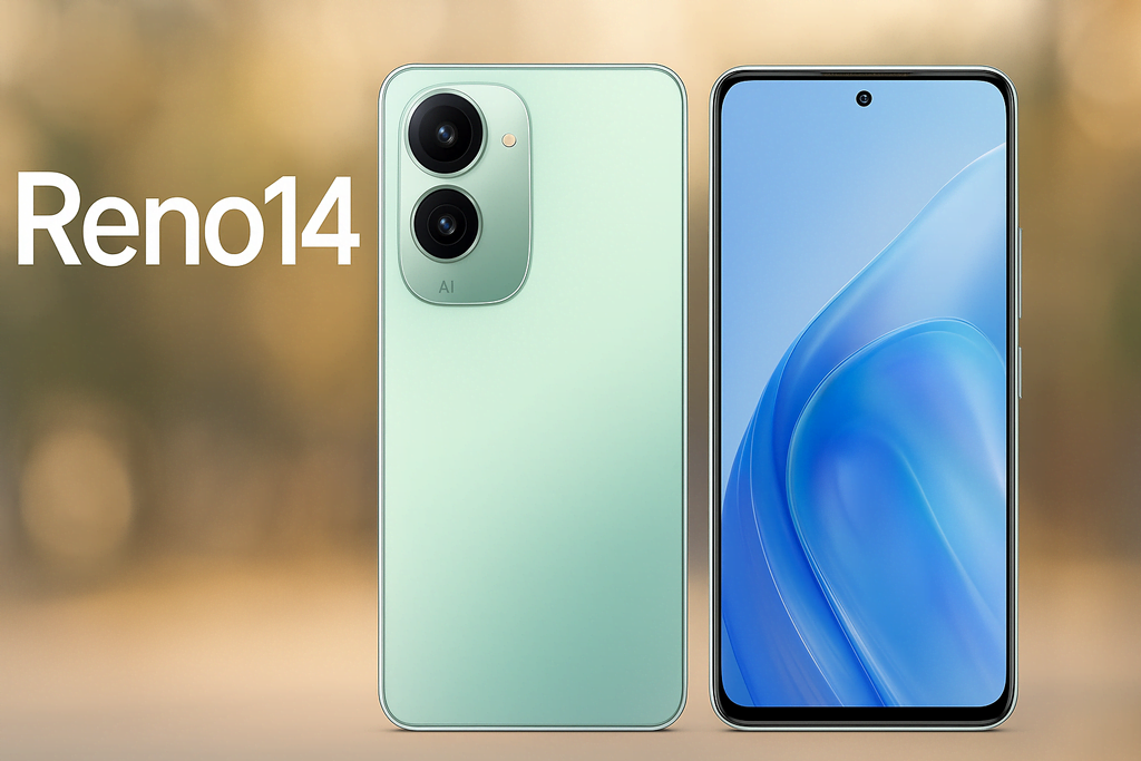 Oppo Reno14 Pro smartphone placed beside its retail box on a wooden table, with warm lighting and a modern unboxing setup in the background.
