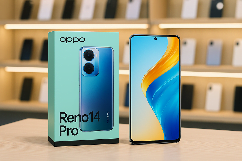 Oppo Reno14 Pro smartphone displayed alongside its retail box inside a mobile shop, set on a glass counter with bright store lighting and neatly arranged background accessories