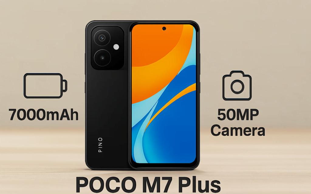 Sleek POCO M7 Plus Review smartphone displayed against a futuristic tech-themed background with glowing digital icons and abstract patterns. The phone shows both front and back views, with vibrant screen colors and a triple camera module.