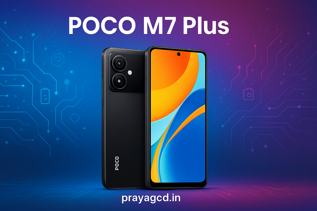 POCO M7 Plus smartphone displayed front and back against a soft beige realistic background. Left side features a 7000mAh battery icon with label; right side highlights 50MP camera with icon.
