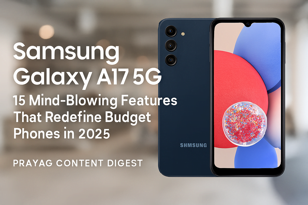Samsung Galalxy A17 Samsung Galaxy A17 5G smartphone and retail box placed on a rustic wooden surface with natural greenery background showcasing the mobile’s sleek design and packaging for mid-range 5G buyers in India.