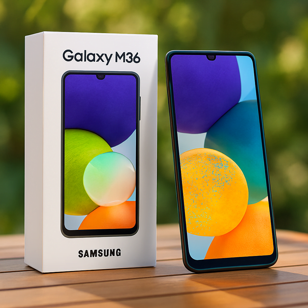 Samsung Galaxy M36 smartphone placed diagonally on a light grey concrete surface outdoors, with its iridescent gradient back panel facing up. The phone is accompanied by its upright white retail box showing the model name and a printed image of the device. Background features soft-focus green foliage under natural daylight.