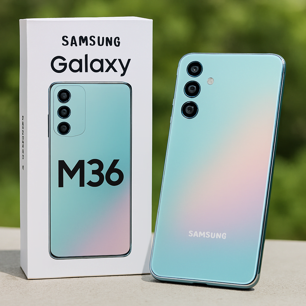 Samsung Galaxy M36 smartphone placed diagonally on a light grey concrete surface outdoors, with its iridescent gradient back panel facing up. The phone is accompanied by its upright white retail box showing the model name and a printed image of the device. Background features soft-focus green foliage under natural daylight.