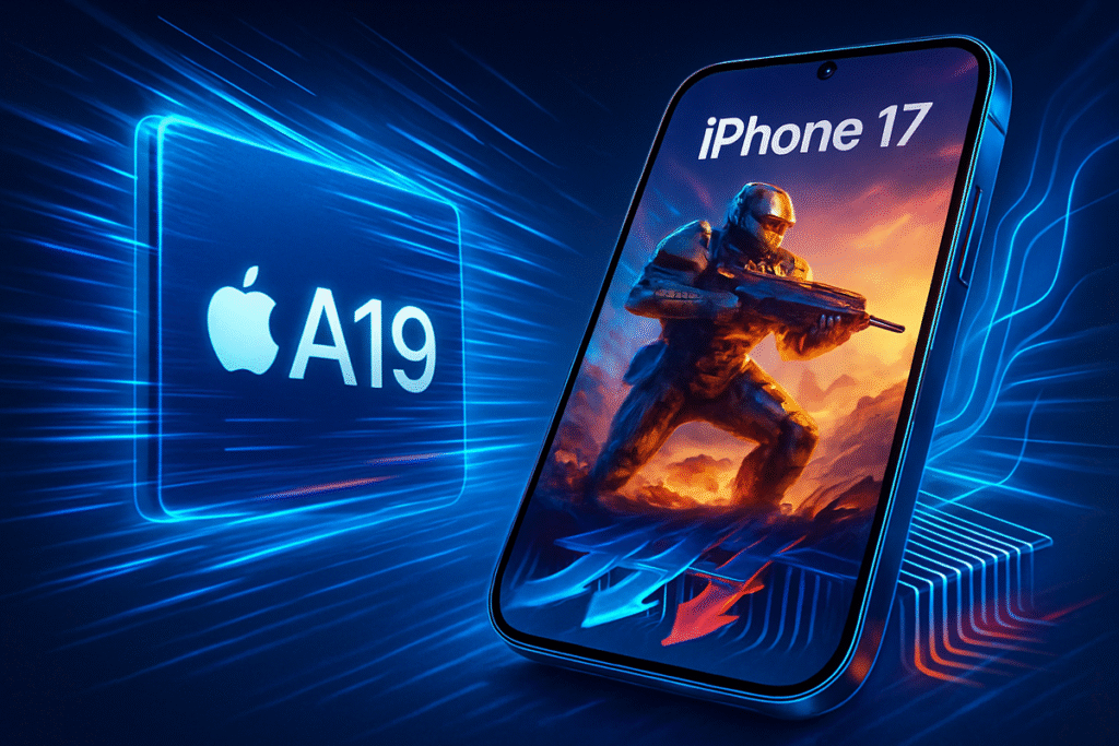 Visual representation of iPhone 17 series featuring A19 chip with dynamic speed effects, gaming graphics, and cooling system design in landscape view.