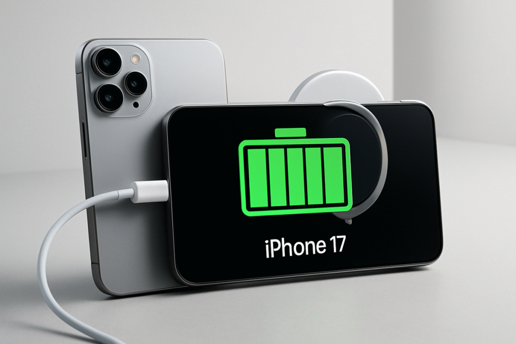 iPhone 17 series battery icon with fast wired charging cables and MagSafe wireless chargers illustrating quick charging features.