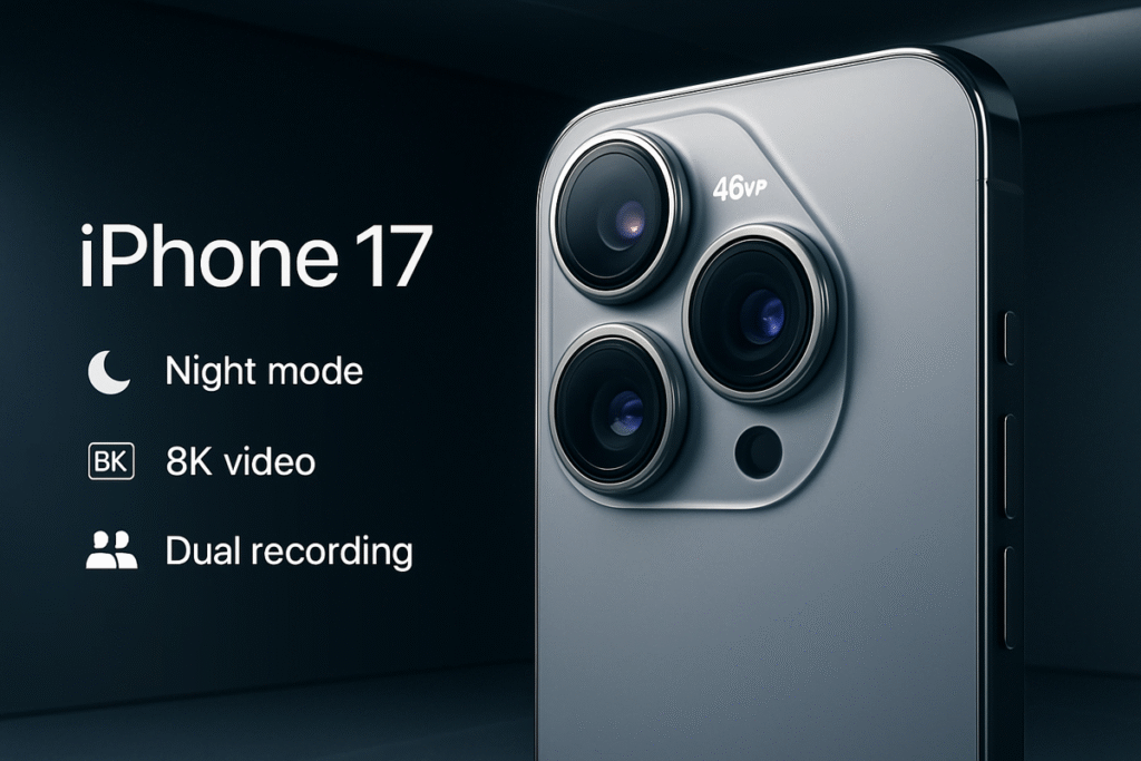 iPhone 17 series triple 48MP camera lenses with visual emphasis on night mode and 8K video recording capabilities.