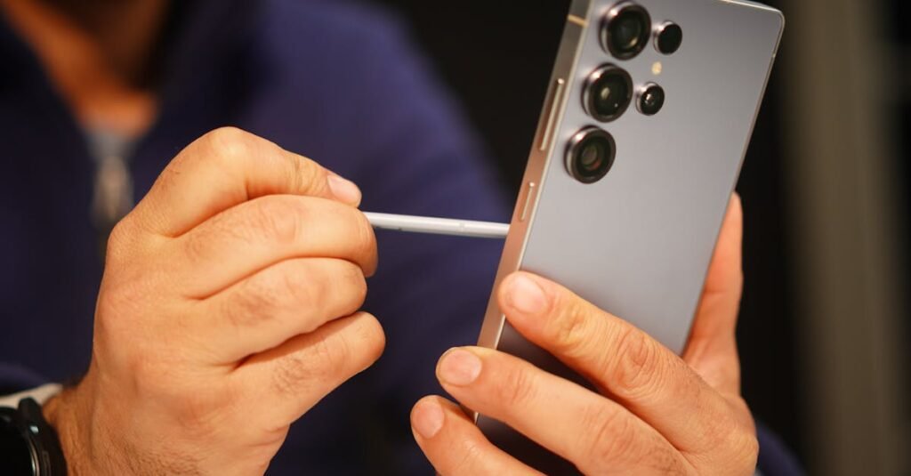 Close-up of a man interacting with a smartphone using a stylus, indoors.