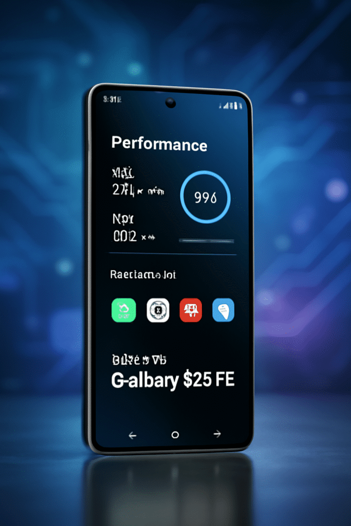 Samsung Galaxy S25 FE smartphone running multiple apps smoothly, highlighting high performance with a modern technology-themed background