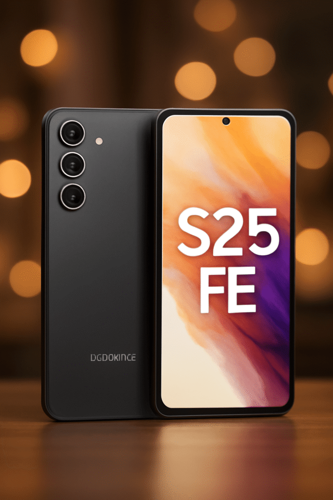 Samsung Galaxy S25 FE smartphone showcasing vibrant colors and high brightness on its dynamic display set against a sleek background