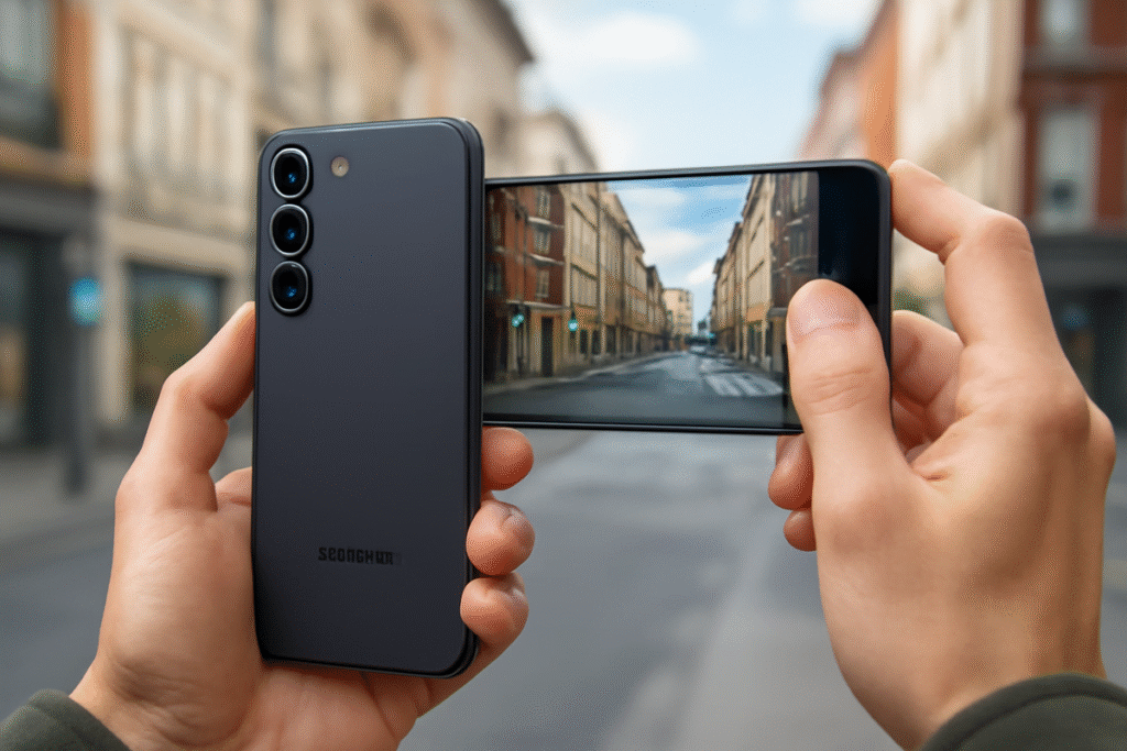 Samsung Galaxy S25 FE smartphone with a triple rear camera setup, displaying bright and clear lenses against an attractive photography backdrop